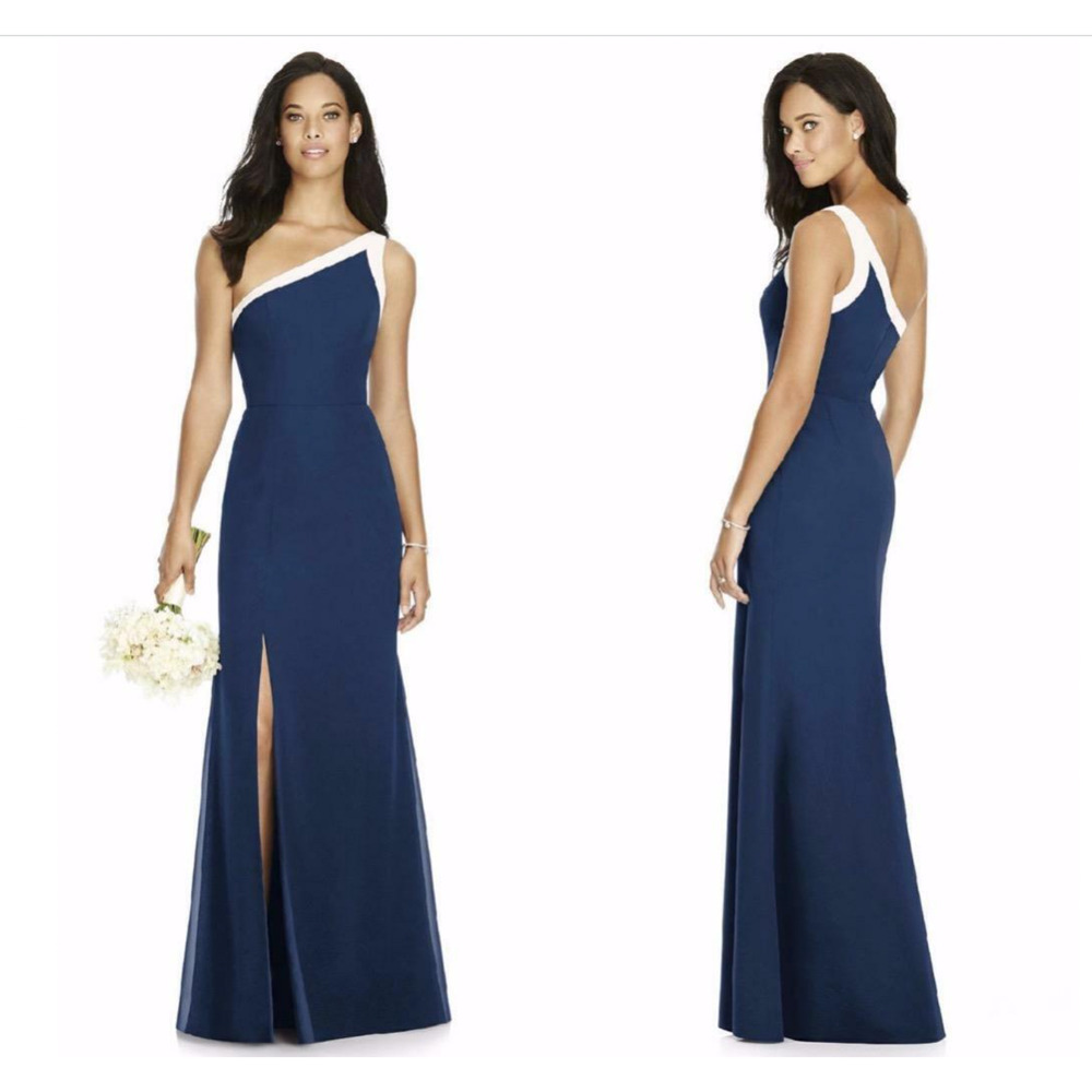 Social Bridesmaids Women One Shoulder Gown Dress 10 Navy blue Slit 8178 NWOT